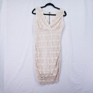 Vintage Va Va Voom Cream Lace V Neck Fitted Formal Party Midi Dress